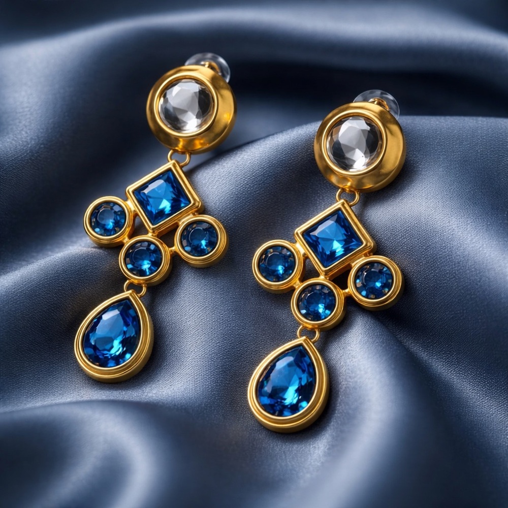 Chandelier Gold and Blue Drop Earrings